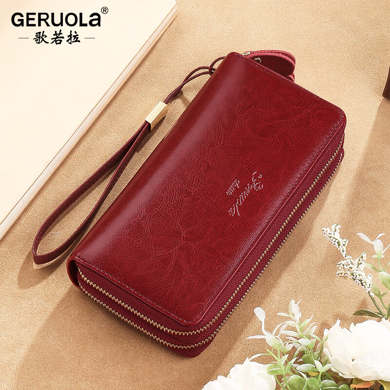Gorola Wallet Women's Long Genuine Leather Fashion Temperament Versatile Soft Leather Large Capacity Zipper Wallet Clutch Can Hold Mobile Phone Bag Burgundy (Double Zipper) Anti-Theft Brush