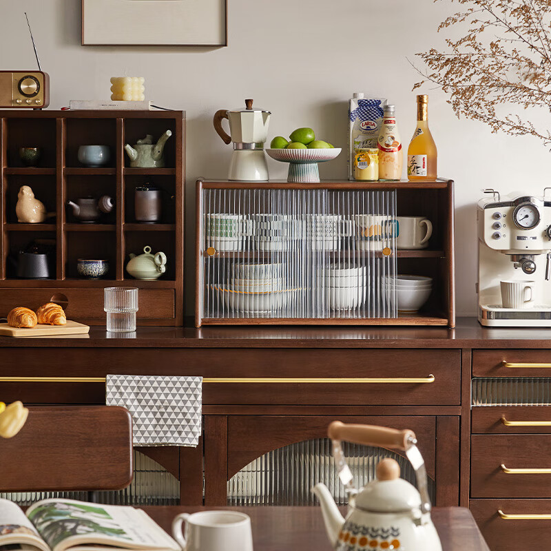 JIAYI solid wood desktop sideboard dining table countertop storage cabinet cup storage rack storage cabinet cupboard tea side cabinet storage cabinet 60cm sliding door walnut color