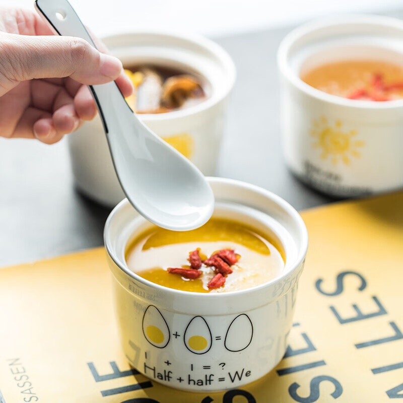 Baitilai Soup Cup, Stew Cup, Water-proof Stew Pot, Household Bird's Nest Steamed Egg Soup Pot with Lid, 1-2 Small Japanese-Style Small Bowl for One Person, Rabbit Series (4 stew pots with lids)