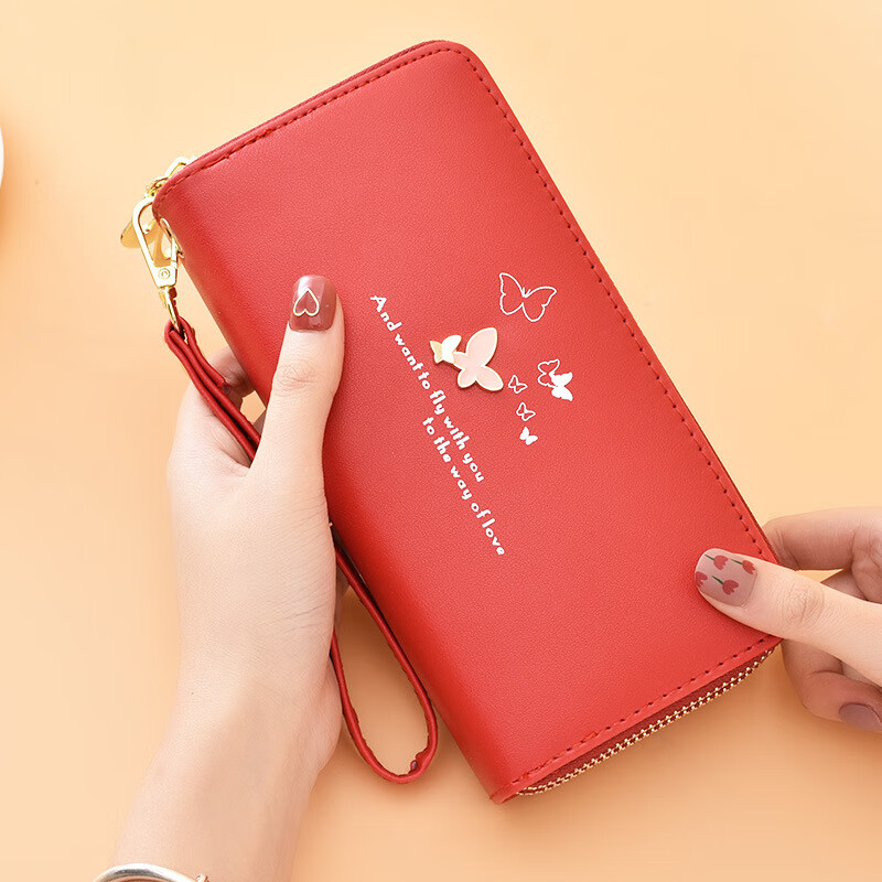 Wallet Women's Long Style 2022 New Fashion Wrist Clutch Cartoon Butterfly Double Zipper Large Capacity Mobile Phone Bag Purple