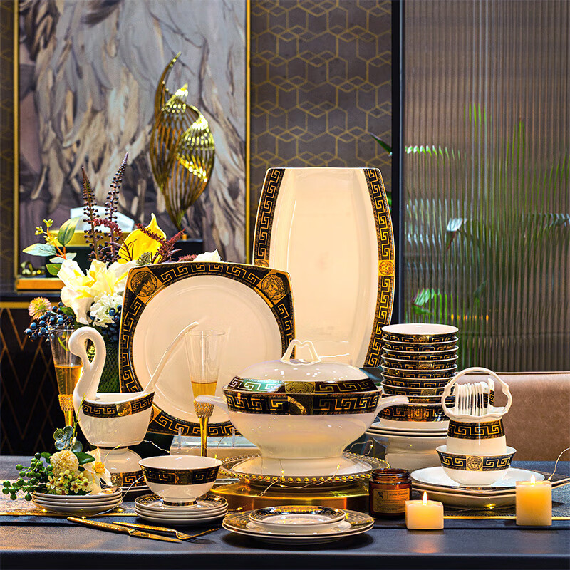 Hengshi Vasachi new dishware and tableware set for home high-end Chinese style complete bowl and plate set housewarming gift Vasachi 58-piece set