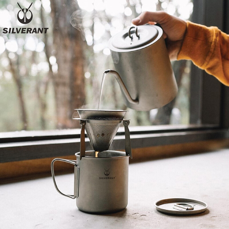 Silver Ant pure titanium hand brewed coffee pot set outdoor household drip filter titanium coffee cup long mouth thin mouth pot can be customized pure titanium coffee stand + titanium filter
