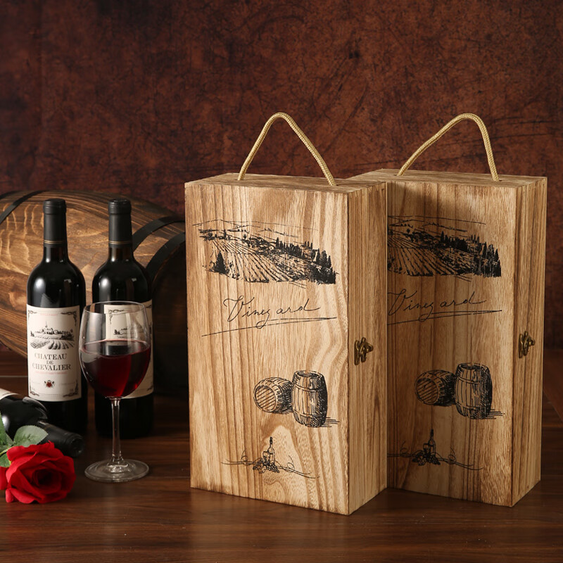 Art Bird Red Wine Box Wooden Box Double Wine Packaging Box Paulownia Wooden Wine Box Gift Box Universal Version Burnt Color Retro Wooden Box + Kraft Paper Bag