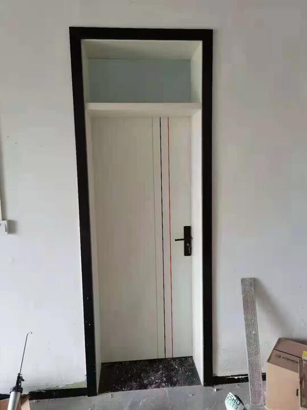A complete set of interior doors for bedrooms with bright windows in the night, a complete set of bright steel-wood ecological doors, engineering interior doors, solid wood boards, multi-layer lines + bright windows