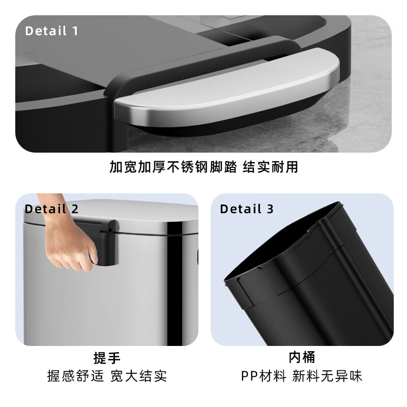 KUK stainless steel trash can large foot with cover kitchen living room home hotel commercial office building 50L sand steel silver