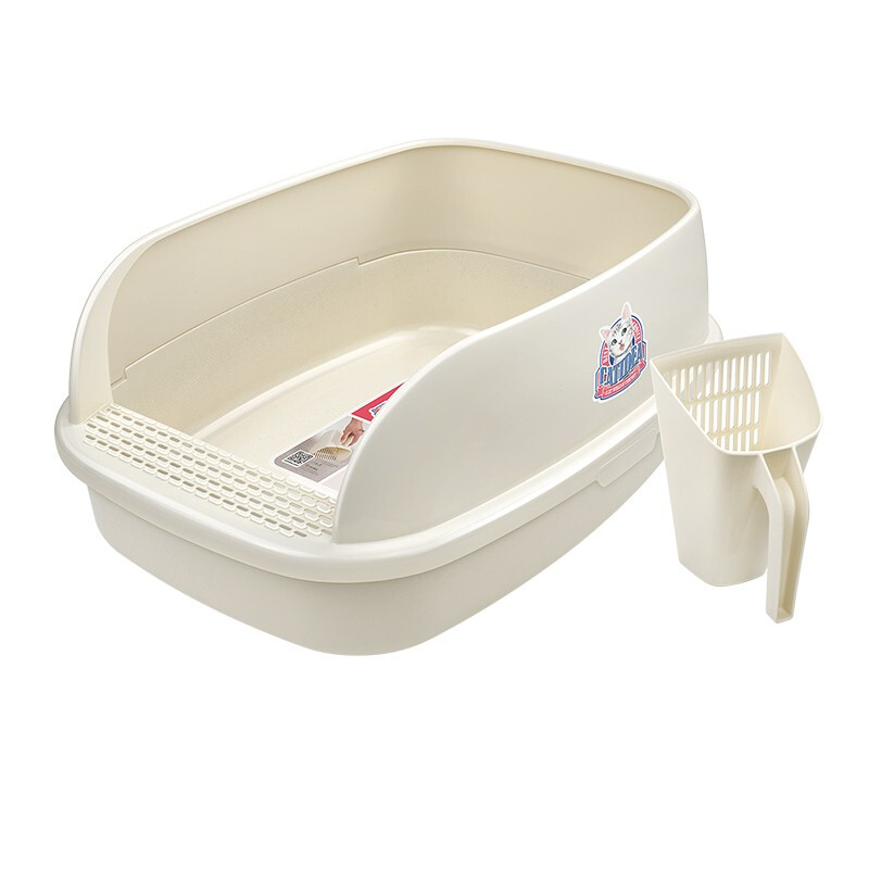 Catlux semi-closed litter box, splash-proof, odor-proof, easy to clean, large-capacity cat toilet, universal open litter box for adult and young cats, white large loaf 15L + shovel