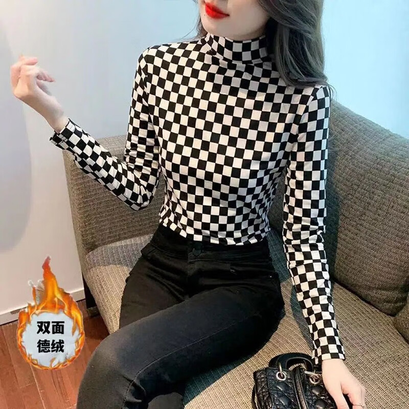 Chonglin double-sided German velvet half-turtle collar bottoming shirt for women 2025 autumn and winter new slim fit elastic inner long-sleeved T-shirt top black and white diamond check German velvet warm fabric XL recommended 115-125 pounds
