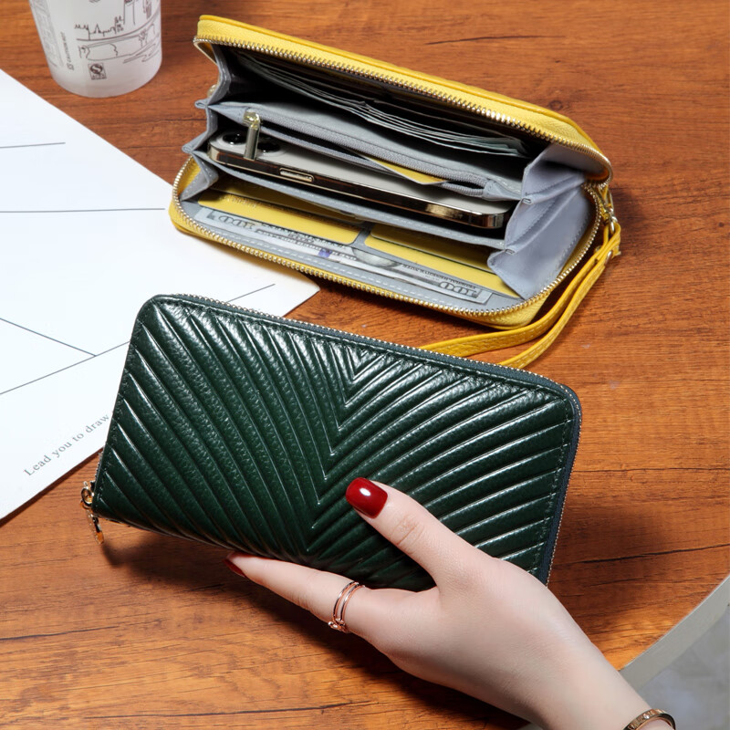 Sephora brand, one-year warranty, high-end genuine leather long zipper wallet, anti-degaussing, anti-theft brush handbag, mobile phone, large capacity coin purse, soft, yellow, no specifications