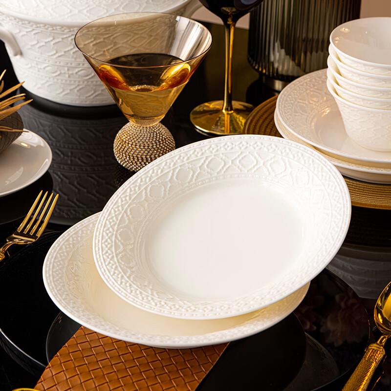 NINE CRANES embossed tableware complete set of household bowls and plates, high-end Jingdezhen underglaze color bone china tableware, housewarming gift bowl and dish set, 60-piece set丨Jingdezhen first-class underglaze color bone china