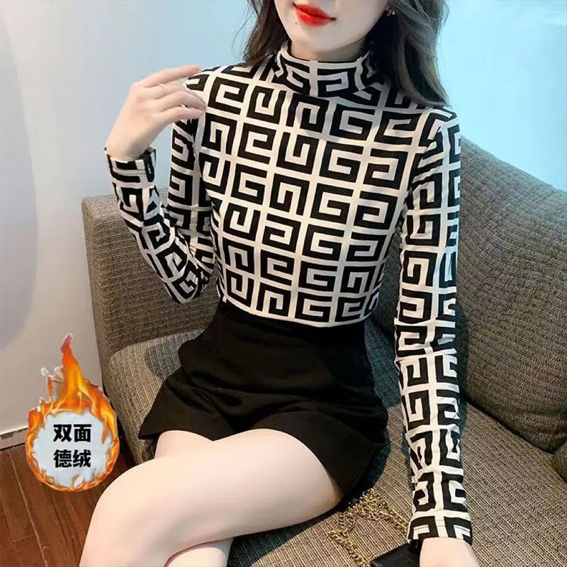 Chonglin double-sided German velvet half-turtle collar bottoming shirt for women 2025 autumn and winter new slim fit elastic inner long-sleeved T-shirt top black and white diamond check German velvet warm fabric XL recommended 115-125 pounds