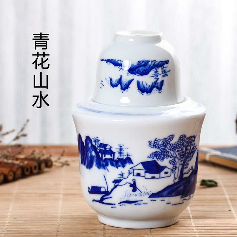 Chuge high-quality rice wine warmer ceramic household 2-pack white wine wine warmer sake scalding wine jug wine warmer set 2-pack blue and white landscape (slightly flawed)