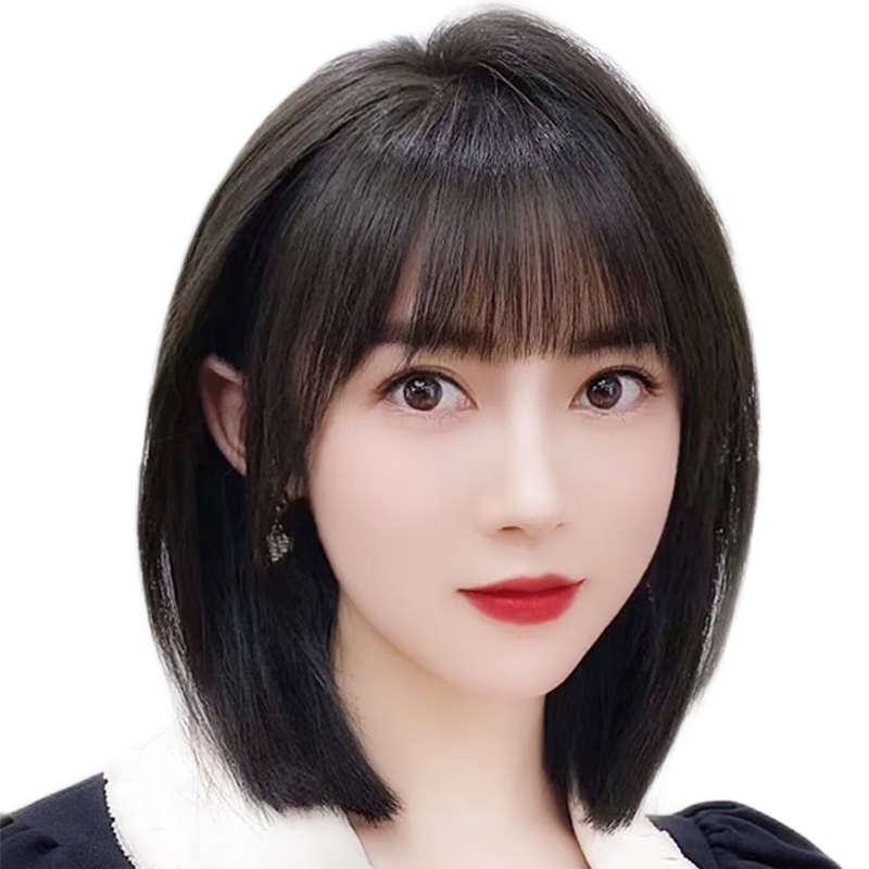 Sky tree wig piece female real hair full human hair simulated scalp head replacement piece fluffy gray hair French bangs wig repair air bangs 8*11 30cm natural color