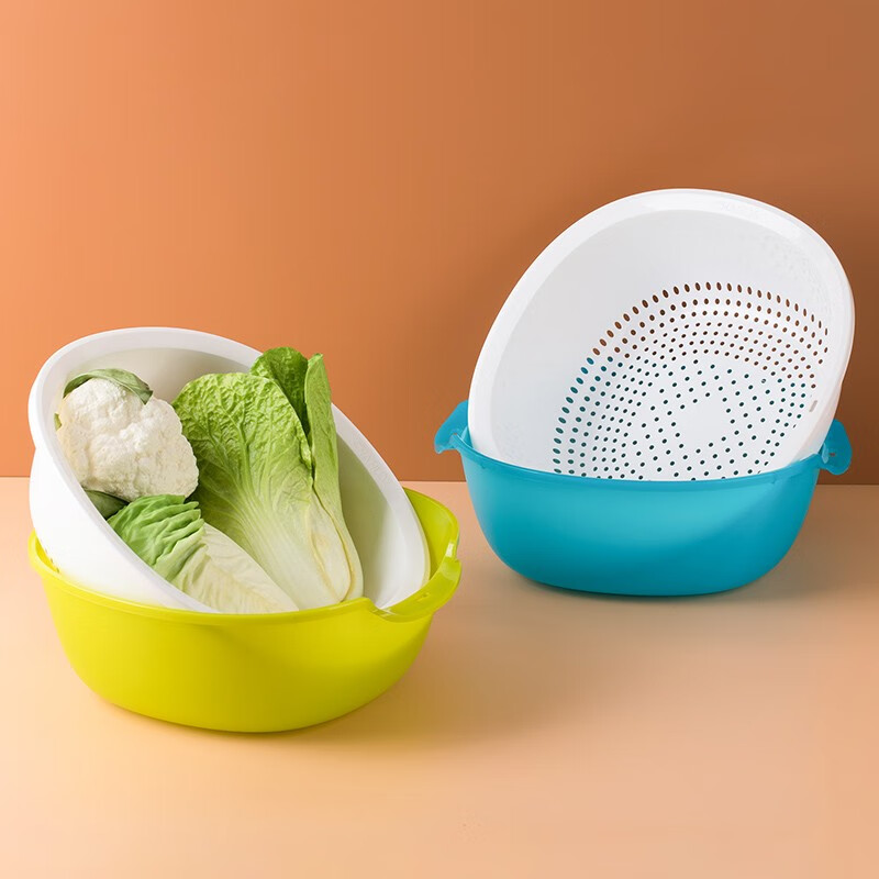 Camellia double-layer square round water filter sieve frame plastic dripping basket fruit basket multi-purpose vegetable washing basket washing fruit draining basket new green