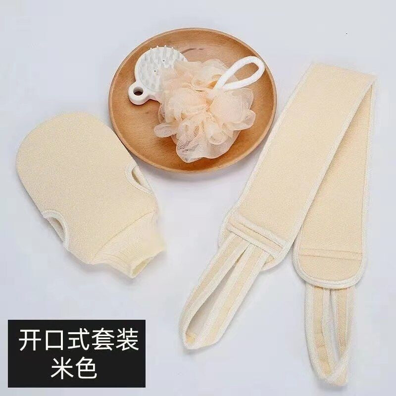 3-piece set of bath towels, coarse sand, double-sided pull back strips, strong mud rub gloves to remove dead skin and rub back, adult men and women's bath flower balls and bath artifact, deep sea green, back pull strips + bath towel + bath flower balls