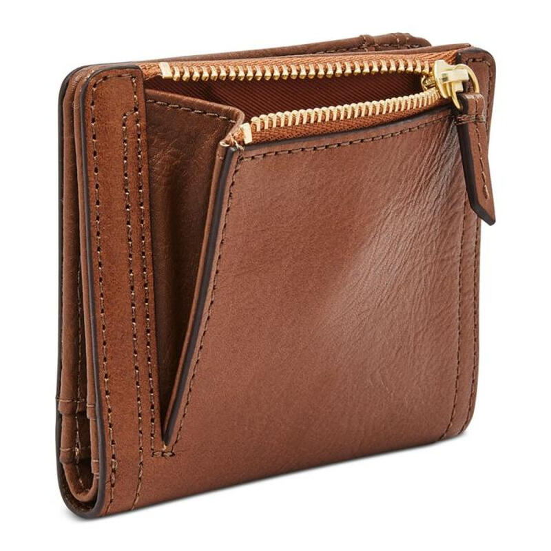 Fossil luxury fashion brand women's wallet brown embossed Logan small leather bi-fold short card slot ID compartment 6 Brown/Gold os
