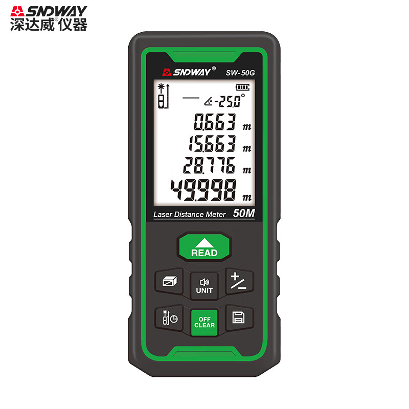 SNDWAY Laser Distance Meter Handheld High-Precision Infrared Room Measurement Instrument Electronic Ruler Indoor Laser Ruler SW-50G (Outdoor + Rechargeable Green Light 50 Meter)