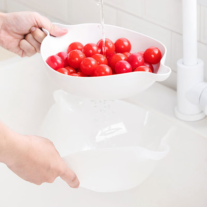 Camellia Antibacterial Double-layer Drain Basket Vegetable Basket Kitchen Washing Vegetables Washing Rice Draining Basket Plastic Fruit and Vegetable Drain Basin Fruit Plate