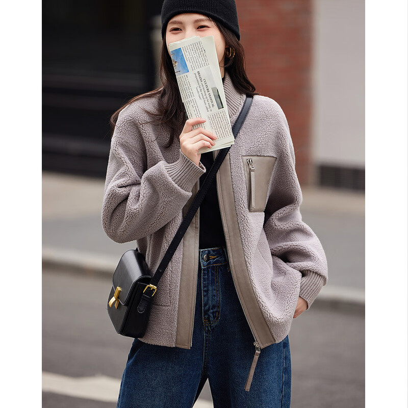 Demana Fashionable Urban Winter Casual Stand Collar Loose Patch Pocket Imitation Shearling Jacket Women's Short Smoke Gray M