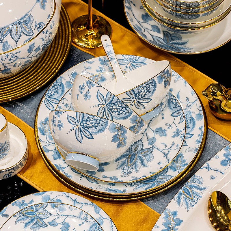 Honglang 2023 new style Chinese tableware and dishes set high-end bone china Jingdezhen new home moving and wedding gift bowls 70 pomegranate flowers (high-end gift packaging)