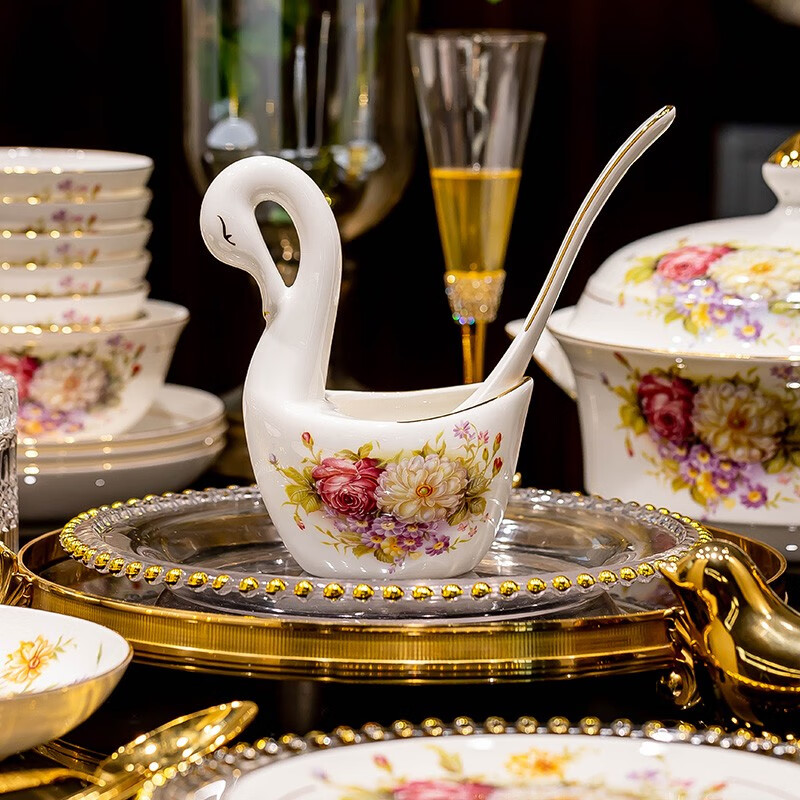 Cichuanna Jingdezhen dish set household Chinese light luxury gold-rimmed bone china tableware complete set of bowls and dishes wedding and housewarming gift with flowers in bloom for 10 people, leather box, 60 pieces