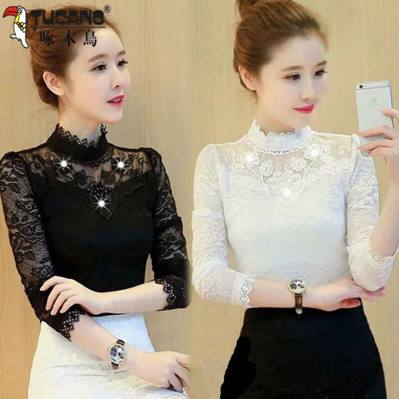 Woodpecker 2025 new spring, summer and autumn lace bottoming shirt for women with velvet to keep warm and stylish small shirt lace top long-sleeved shirt winter 886 black (style) plus velvet XL recommended 110-120 pounds