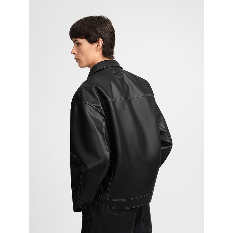 GXG men's simple topstitch design pu leather jacket for men black 175/L