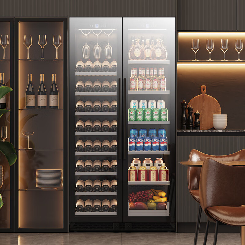 BAIKAILUN double-door thermostatic wine cabinet with double-door door ultra-thin and can be embedded in air-cooled frost-free thermostatic wine cabinet office household tea beverage liquor wine fruit preservation refrigerated display cabinet 2 meters dual temperature red wine + ice bar 121 bottles thin section