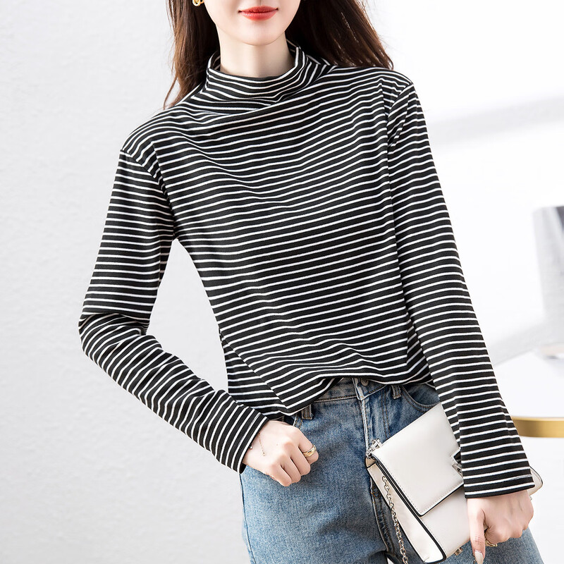 Demana (dme) super elastic striped half turtleneck comfortable striped bottoming shirt for women with top and bottoming shirt for women, black L