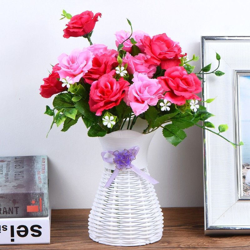 Green Show Decorative Artificial Flowers Indoor Home Furnishings Dining Table Coffee Table Ornaments Living Room Plastic Flower Bouquet Small Potted Little Lover Rose Powder 3 Bunches + Bottle