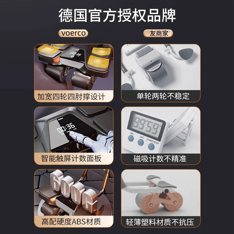 OIMG German imported quality intelligent digital display abdominal wheel four-wheel automatic rebound abdominal wheel men's abdominal training tool high-end smart model - black + special pad + fat burning belt + auxiliary device get 15