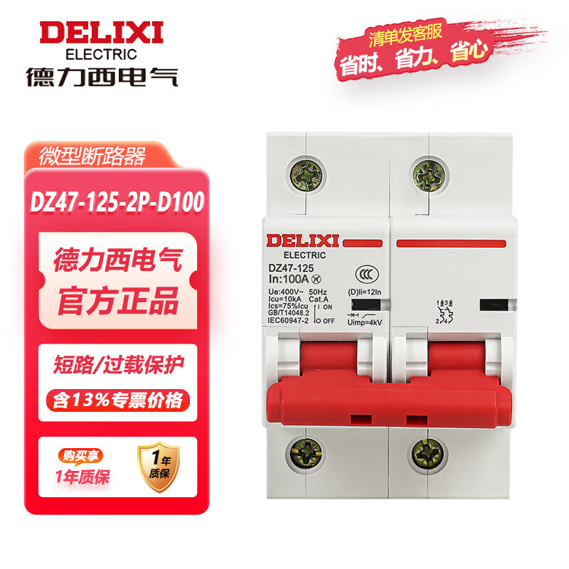 Delixi Electric high current circuit breaker DZ47-125-2P-li(D) 100A small air switch motor DZ47 D type 100A