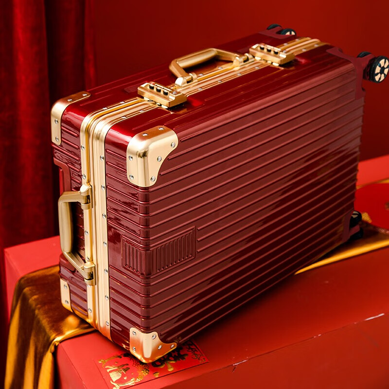 ZECEDO wedding suitcase female bride dowry box red suitcase wedding password box press box universal wheel aluminum frame leather suitcase gold edge red 26 inches