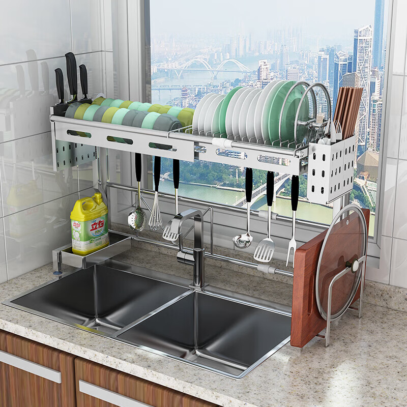 Shouqi 304 stainless steel kitchen sink rack wash basin drain bowl rack multi-functional retractable dish storage rack M005S double layer silver (full set of accessories)