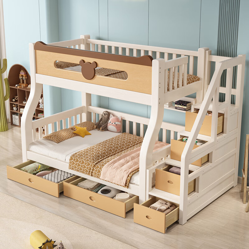 Oufansen double-layer solid wood bunk bed for boys and girls, high and low bunk bed, adult bed, panda twin bed, small apartment, straight ladder type (with 5CM mattress) Top bunk width 130cm* Bottom bunk width 150cm