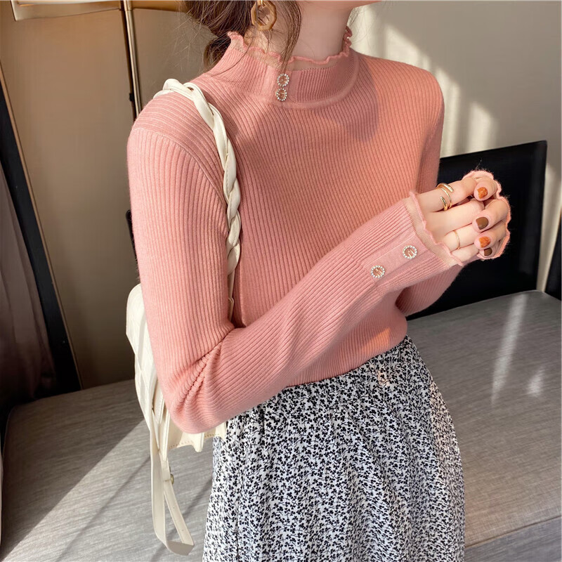 Lace half turtleneck bottoming shirt for women with knitted sweater tops slimming fungus pullover sweater MF92 apricot L Weight recommendation 110-128 pounds
