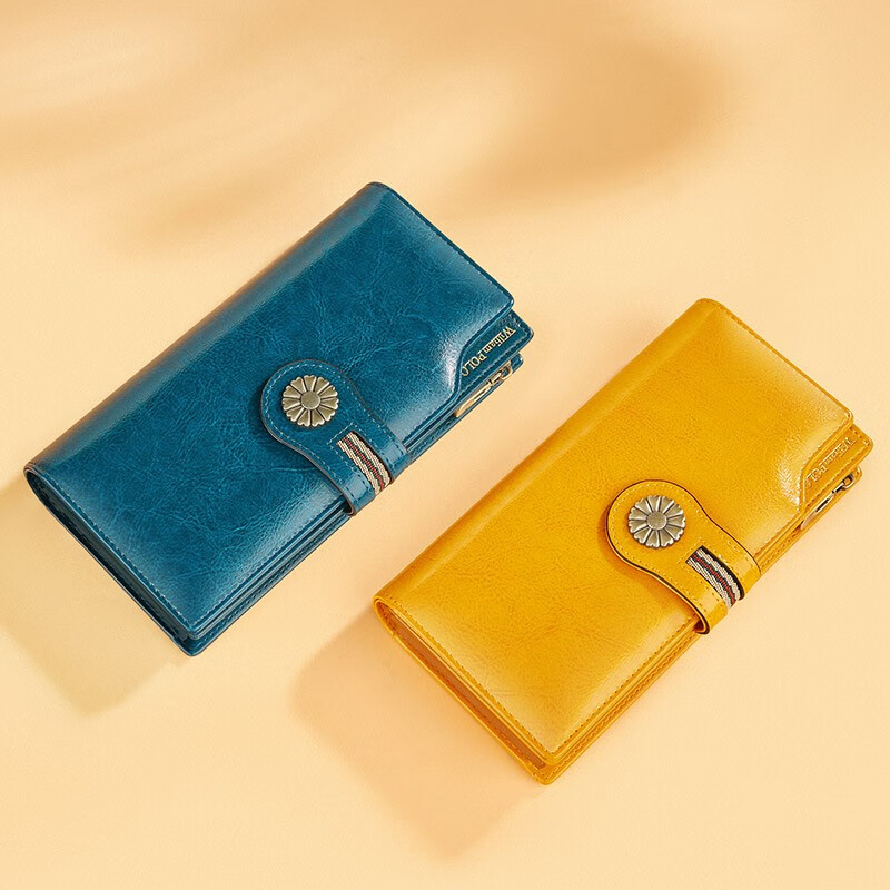 WILLIAMPOLO Paul Wallet Women's First Layer Cowhide Genuine Leather Long Wallet Handbag Multiple Card Slots Multi-Function Bag Women's Card Bag Trendy Yellow