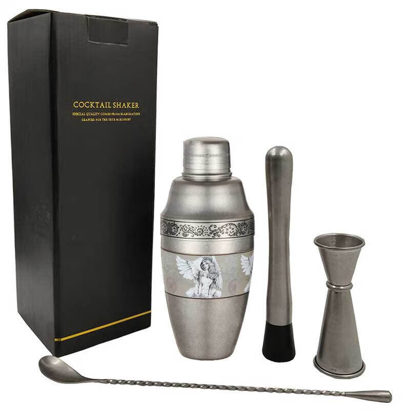 Fernas 304 stainless steel American-style cocktail shaker three-piece set engraved shaker ounce cup crushed popsicle shaker shaker American-style 500ml old engraved-4-piece set