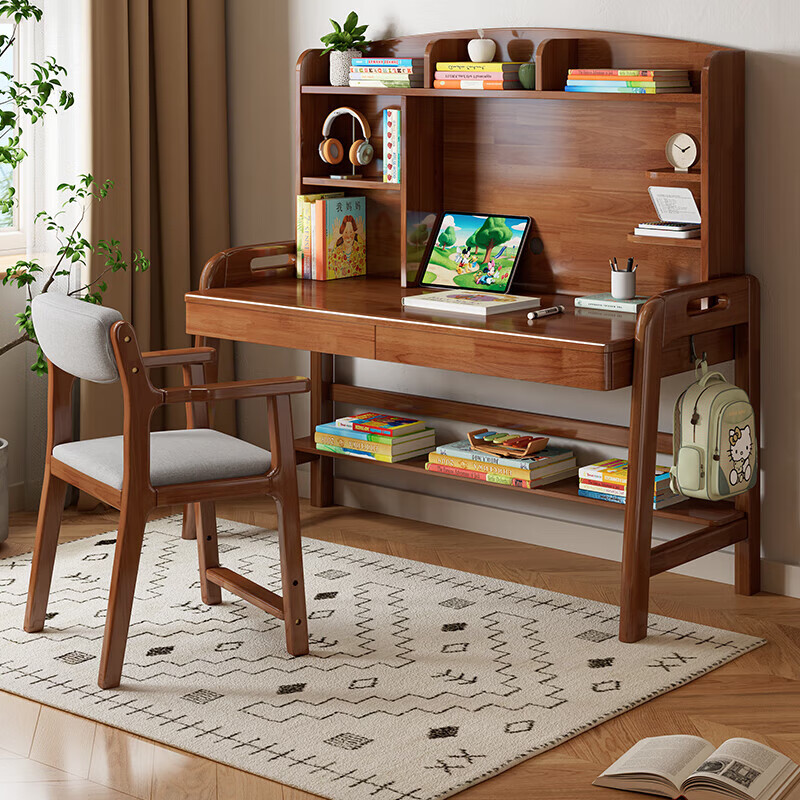 Kao solid wood desk primary and secondary school students bookshelf lift table learning desk 2012#1.4m desk + book chair