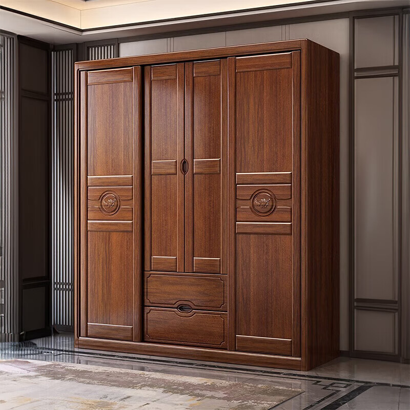 Nanzhu walnut solid wood wardrobe modern Chinese style sliding door four-door multi-functional large wardrobe wardrobe 829#