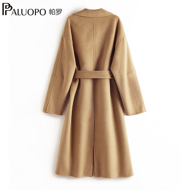PALUOPO Autumn and Winter Hepburn style double-breasted lapel collar wool coat solid color belt waist slimming wool coat 45% wool 123 M 160/84A