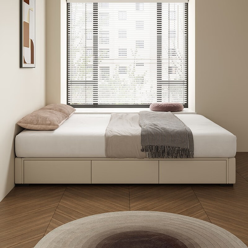 Sumantha cream style bedless scalp bed modern simple light luxury minimalist floor-standing bedroom drawer storage bed edge-to-edge leather art bed drawer frame bed (25cm high) 1.5*2 meters without mattress