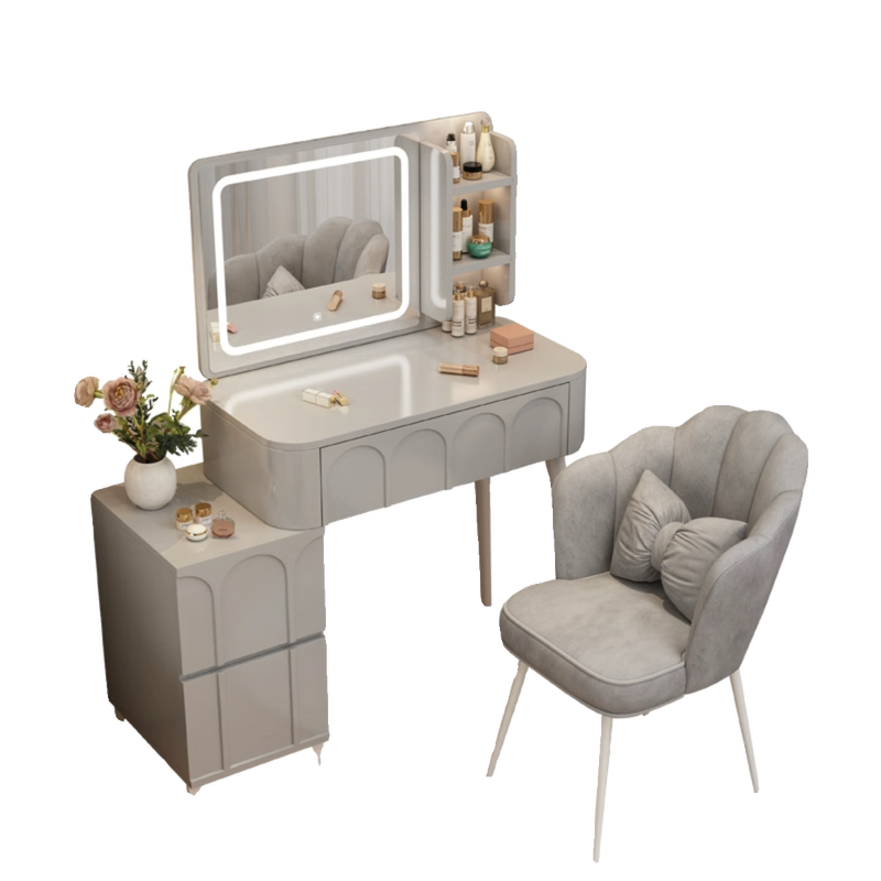 DUMANNI Cream Style Dressing Table Bedroom Modern Simple Small Apartment Solid Wood Dressing Table Desk Cabinet Desk Mirror Integrated Cream White 100 Table + Storage Cabinet + Mirror + Petal Chair Complete