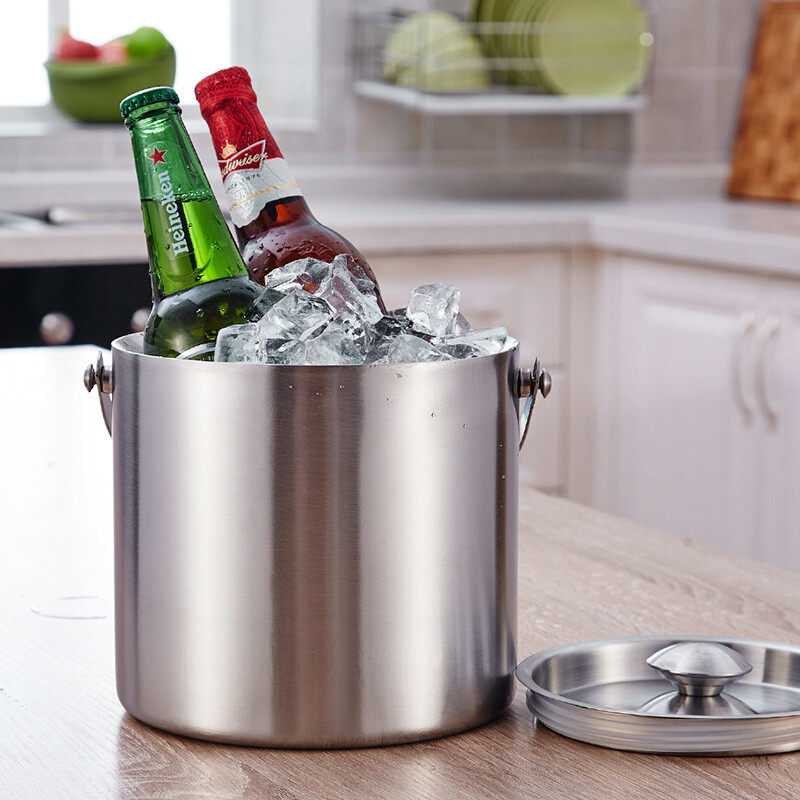 B&y double-layer stainless steel ice bucket with lid, red wine bucket, champagne bucket, spit bucket, portable handle type, large (3 liters)