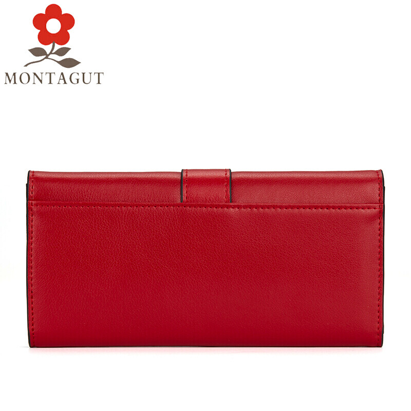 Montagut counter same style new three-fold women's genuine leather wallet long buckle fashion wallet cowhide clutch bag burgundy