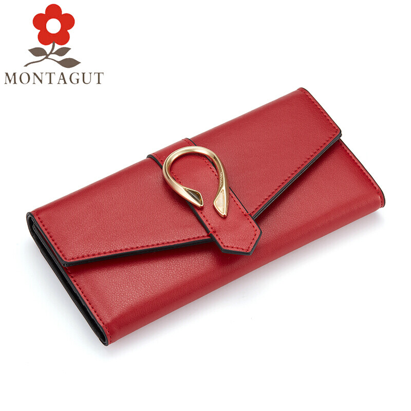 Montagut counter same style new three-fold women's genuine leather wallet long buckle fashion wallet cowhide clutch bag burgundy