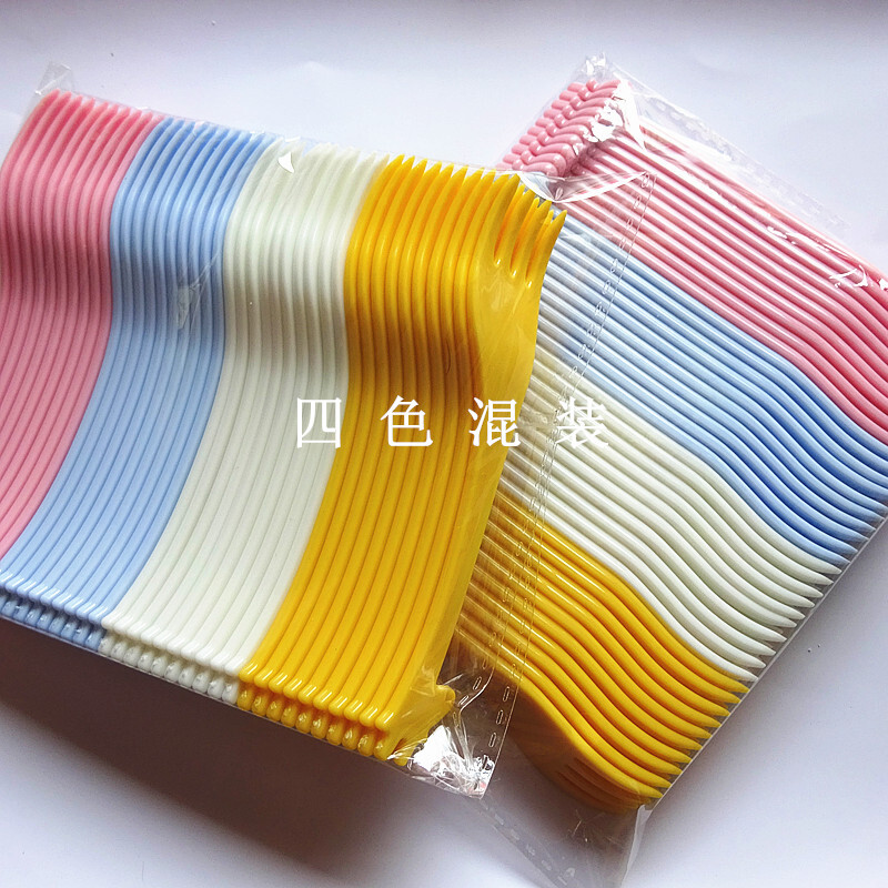 Yingrong disposable fork, fruit fork, plastic cake, snack, sushi fork, salad, creative, cute, home fashion, four-color mixed pack, 100 pieces (simple packaging)