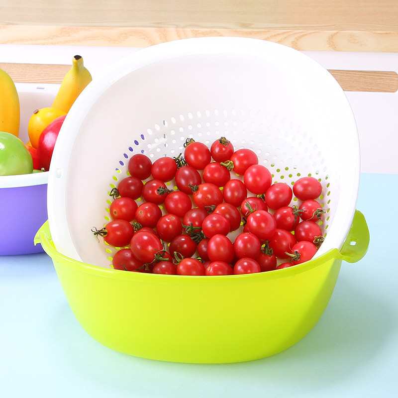 Camellia double-layer square round water filter sieve frame plastic dripping basket fruit basket multi-purpose vegetable washing basket washing fruit draining basket new green