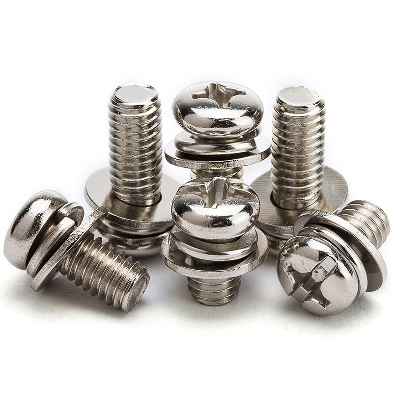 JINGGONG Nickel-plated round head three combination screws, pan head cross combination screws, round head combination screws with elastic flat pad 65L M2*8 washers 4 (nickel plated/100 pieces)