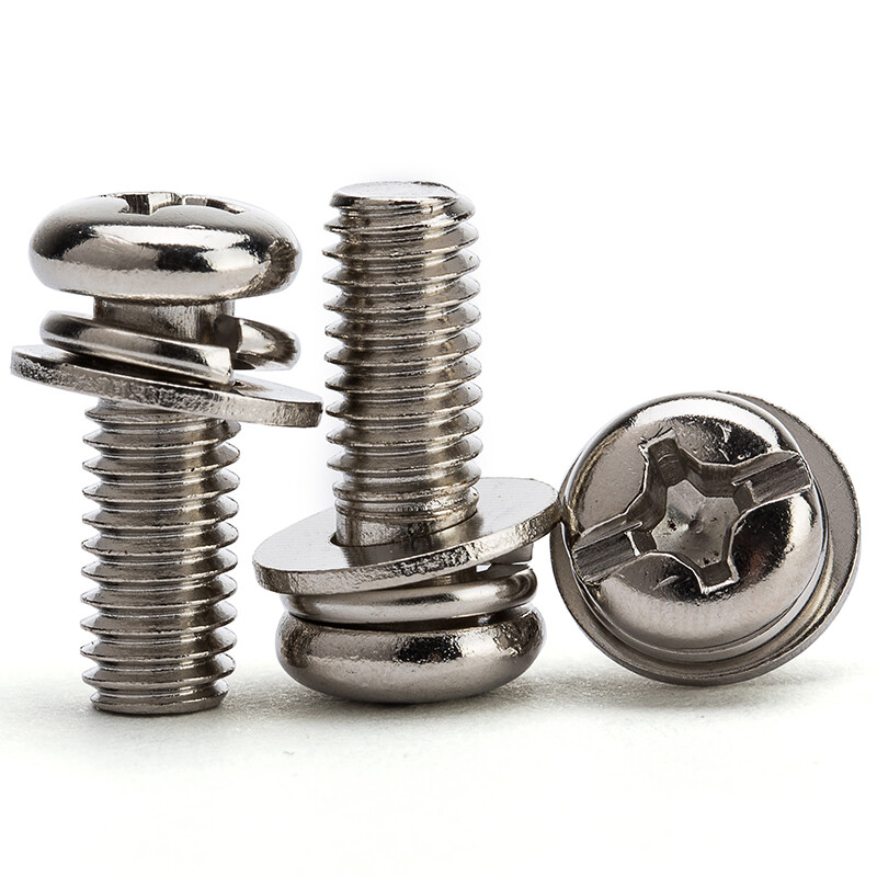 JINGGONG Nickel-plated round head three combination screws, pan head cross combination screws, round head combination screws with elastic flat pad 65L M2*8 washers 4 (nickel plated/100 pieces)