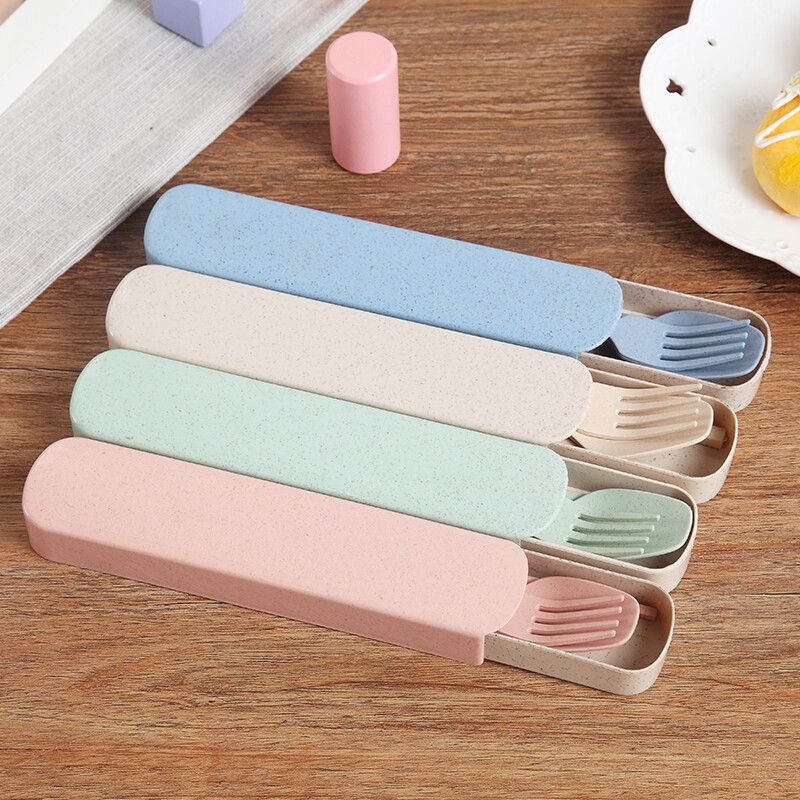 Xiderun wheat chopsticks, forks and spoons portable tableware set, chopsticks, spoons, forks and spoons, portable travel student and children's set, pull-out box Nordic powder 3-piece set